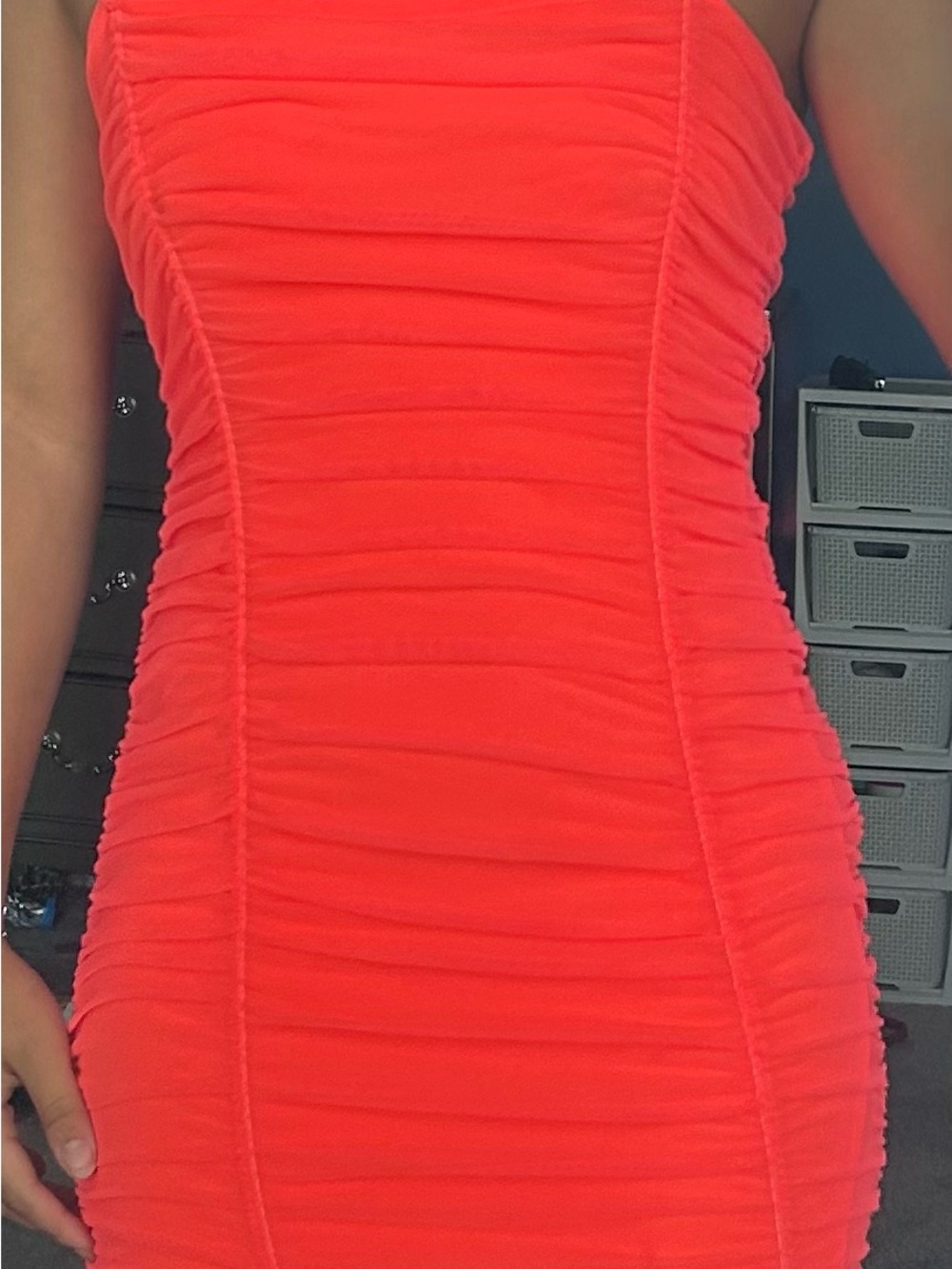 Fashion Nova Strapless Ruched Bodycon Dress in Coral